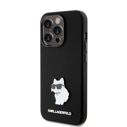 Калъф за Apple iPhone 15 Pro, Karl Lagerfeld, Silicone Choupette Metal, Черен