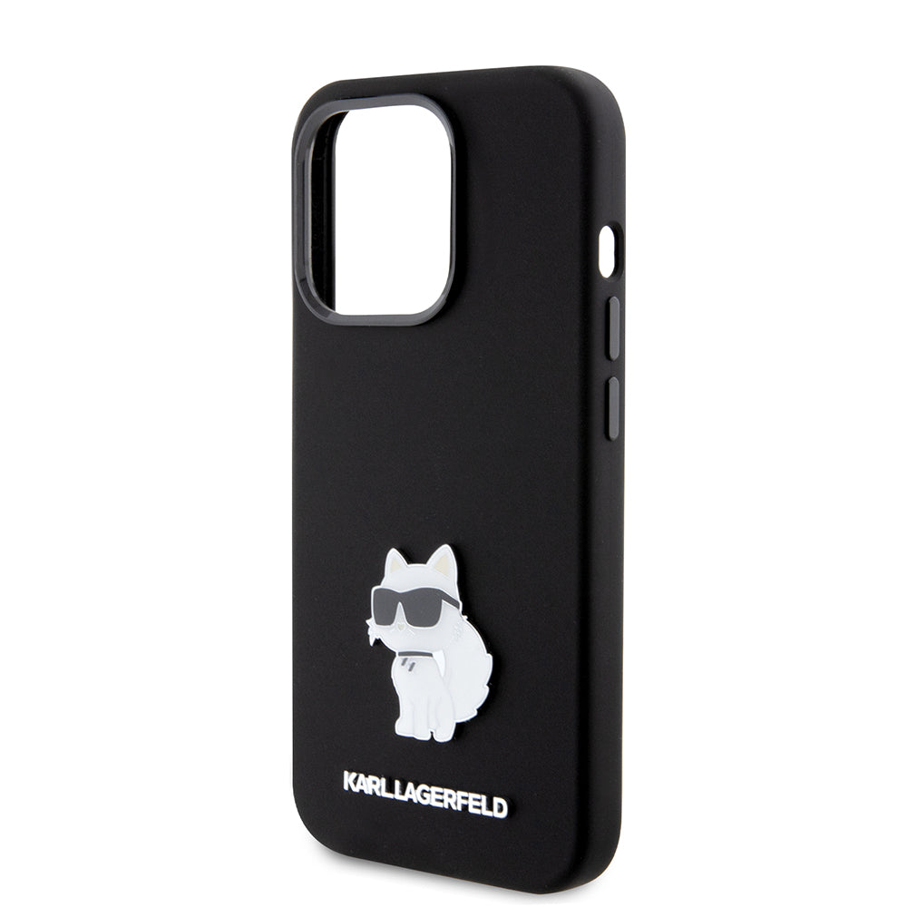 Калъф за Apple iPhone 15 Pro, Karl Lagerfeld, Silicone Choupette Metal, Черен