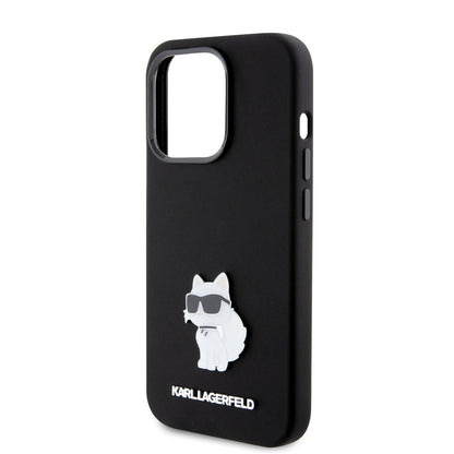 Калъф за Apple iPhone 15 Pro, Karl Lagerfeld, Silicone Choupette Metal, Черен