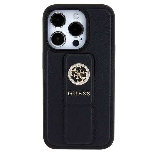 Калъф за Apple iPhone 15 Pro Max, Guess, Grip Stand 4G Saffiano Strass, Черен