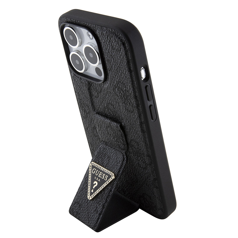 Калъф за Apple iPhone 15 Pro Max, Guess, Grip Stand 4G Triangle Strass, Черен
