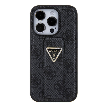 Калъф за Apple iPhone 15 Pro Max, Guess, Grip Stand 4G Triangle Strass, Черен