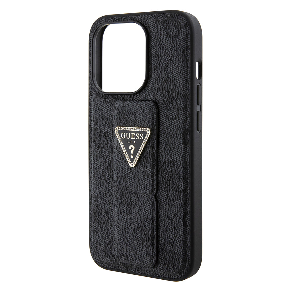 Калъф за Apple iPhone 15 Pro Max, Guess, Grip Stand 4G Triangle Strass, Черен