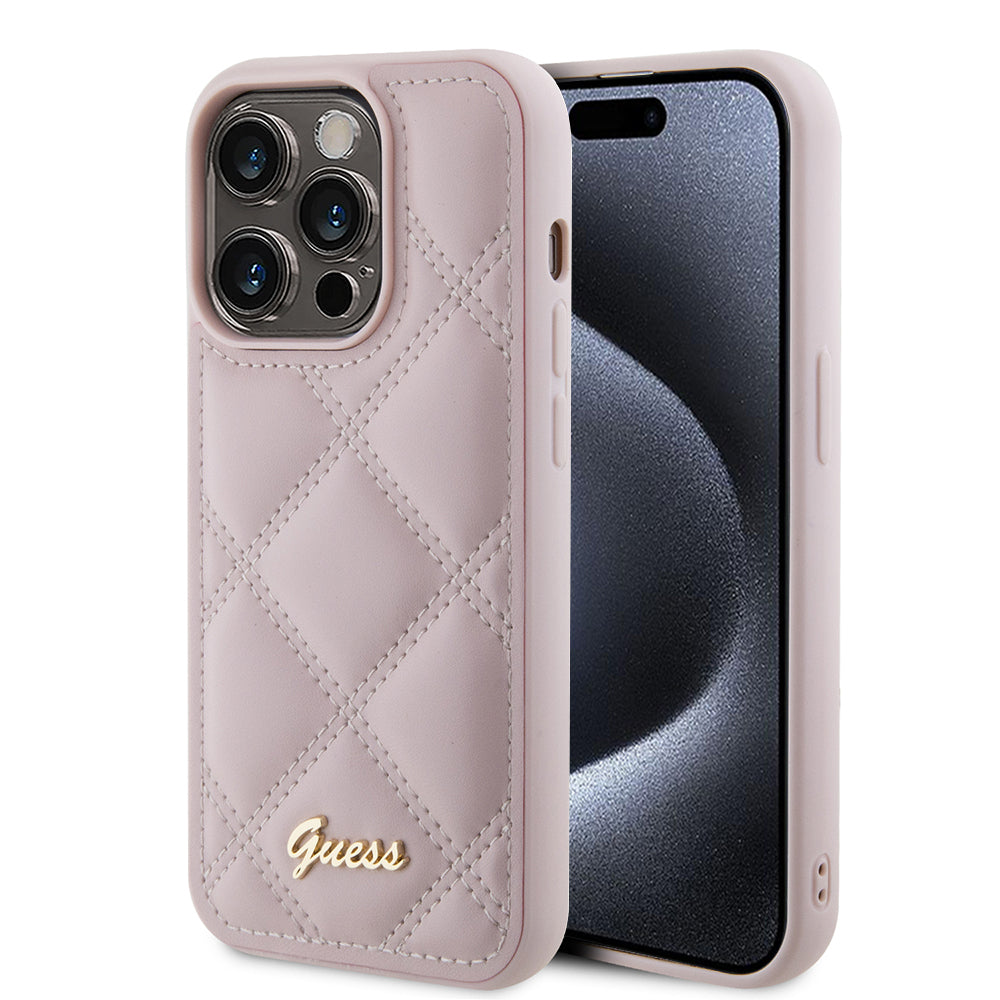 Калъф за Apple iPhone 15 Pro Max, Guess, Quilted Metal Logo, Розов