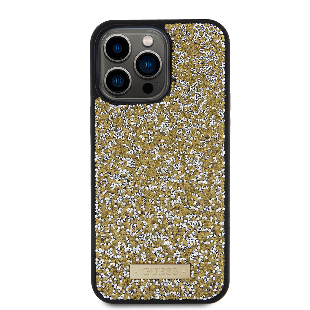 Калъф за Apple iPhone 15 Pro Max, Guess, Rhinestone Metal Logo, Жълт