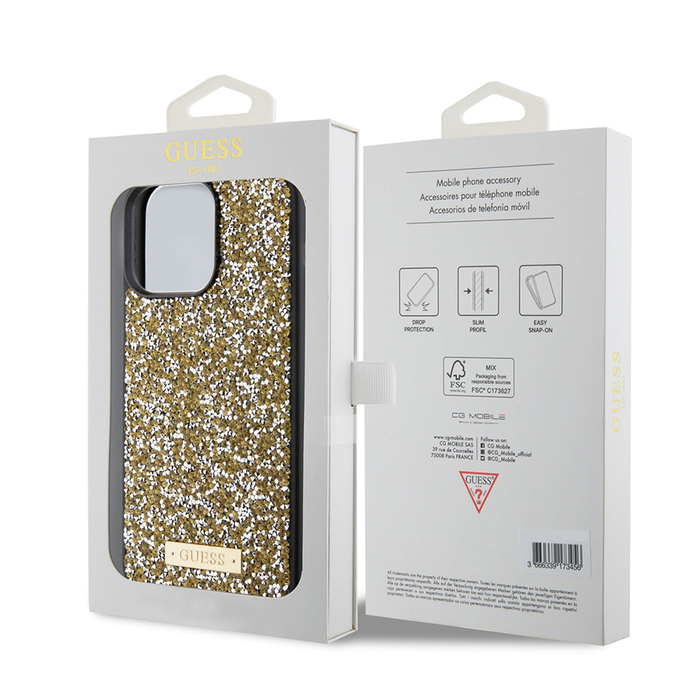 Калъф за Apple iPhone 15 Pro Max, Guess, Rhinestone Metal Logo, Жълт