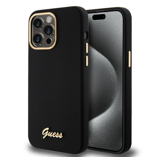 Калъф за Apple iPhone 15 Pro Max, Guess, Script Metal Logo & Frame, Черен