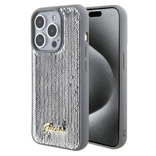 Калъф за Apple iPhone 15 Pro Max, Guess, Sequin Script Metal, Сребрист
