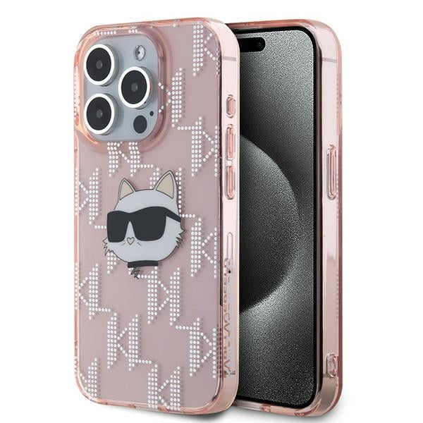 Калъф за Apple iPhone 15 Pro Max, Karl Lagerfeld, IML Luxury Monogram Choupette's Head, Розов