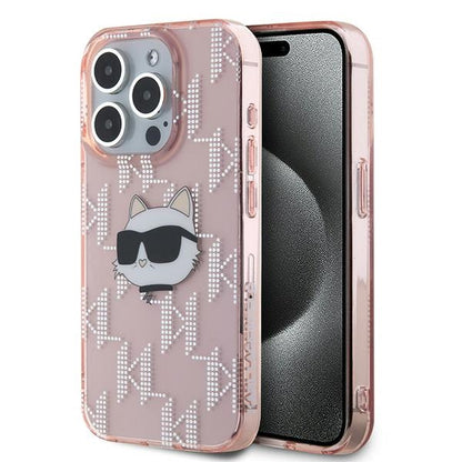 Калъф за Apple iPhone 15 Pro Max, Karl Lagerfeld, IML Luxury Monogram Choupette's Head, Розов