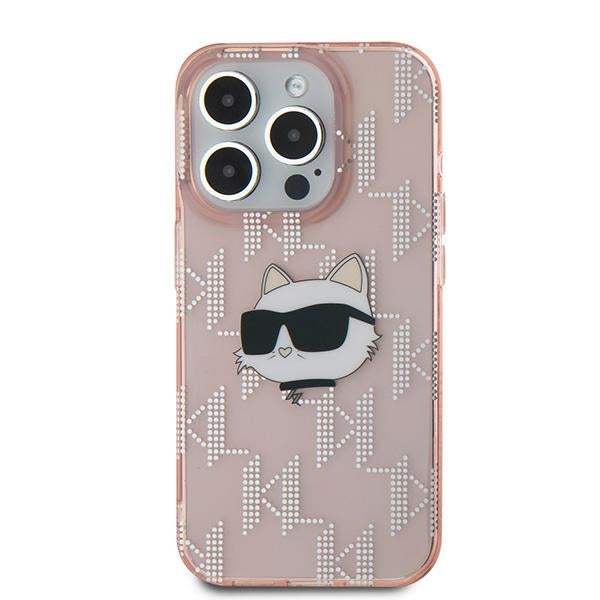 Калъф за Apple iPhone 15 Pro Max, Karl Lagerfeld, IML Luxury Monogram Choupette's Head, Розов