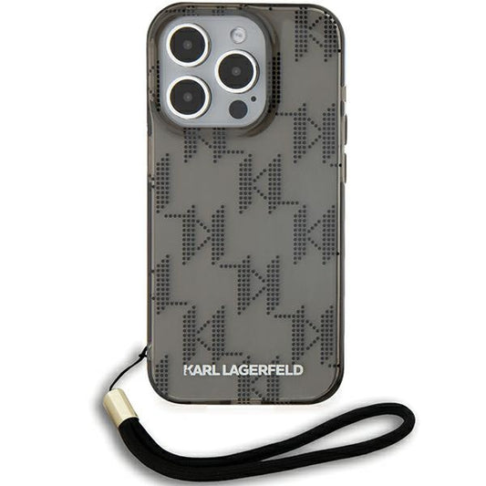 Case for Apple iPhone 15 Pro Max, Karl Lagerfeld, IML Luxury Monogram KL Pattern with Strap, Black
