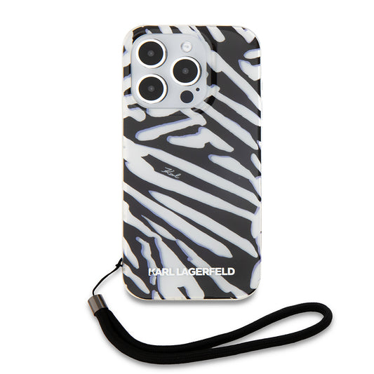 Case for Apple iPhone 15 Pro Max, Karl Lagerfeld, IML Luxury Zebra Pattern with Strap, Black