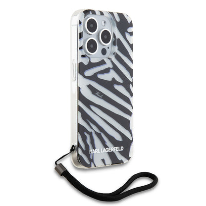 Case for Apple iPhone 15 Pro Max, Karl Lagerfeld, IML Luxury Zebra Pattern with Strap, Black