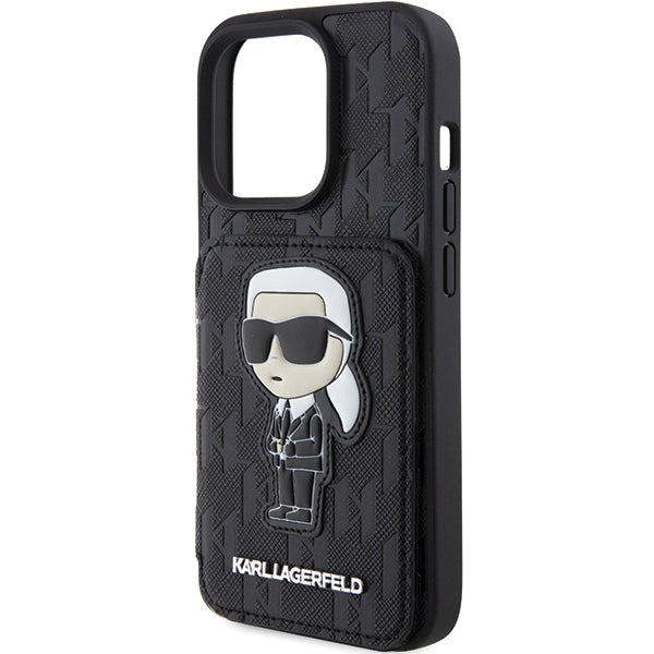 Калъф за Apple iPhone 15 Pro Max, Karl Lagerfeld, Saffiano Cardslots and Stand Monogram Ikonik Karl, Черен