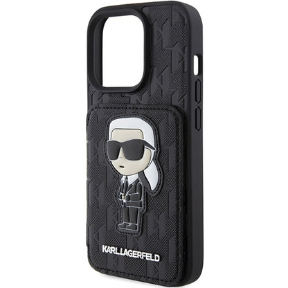 Калъф за Apple iPhone 15 Pro Max, Karl Lagerfeld, Saffiano Cardslots and Stand Monogram Ikonik Karl, Черен