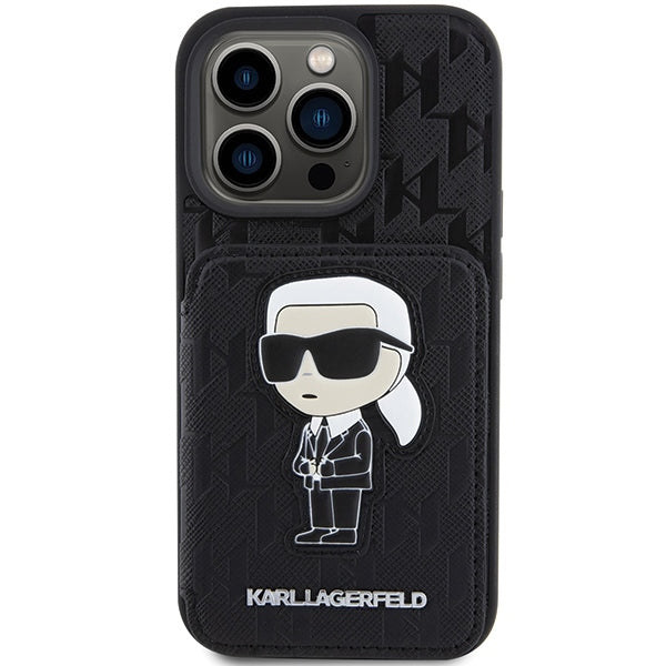 Калъф за Apple iPhone 15 Pro Max, Karl Lagerfeld, Saffiano Cardslots and Stand Monogram Ikonik Karl, Черен