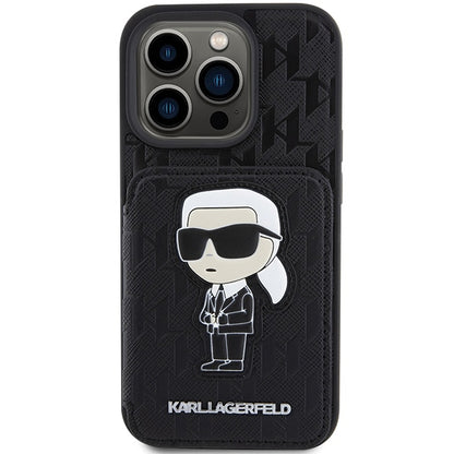 Калъф за Apple iPhone 15 Pro Max, Karl Lagerfeld, Saffiano Cardslots and Stand Monogram Ikonik Karl, Черен