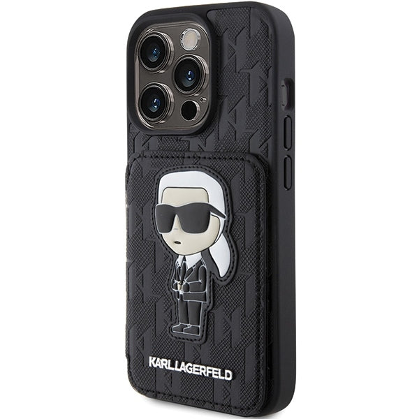 Калъф за Apple iPhone 15 Pro Max, Karl Lagerfeld, Saffiano Cardslots and Stand Monogram Ikonik Karl, Черен