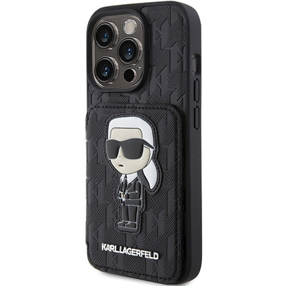 Калъф за Apple iPhone 15 Pro Max, Karl Lagerfeld, Saffiano Cardslots and Stand Monogram Ikonik Karl, Черен