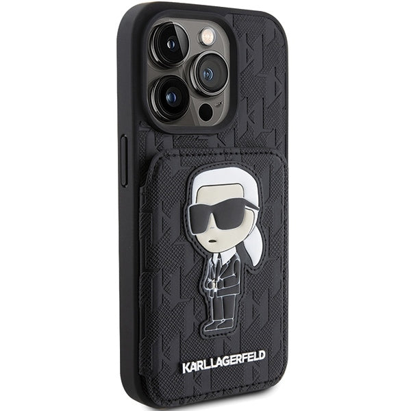 Калъф за Apple iPhone 15 Pro Max, Karl Lagerfeld, Saffiano Cardslots and Stand Monogram Ikonik Karl, Черен