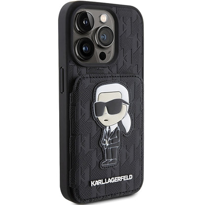 Калъф за Apple iPhone 15 Pro Max, Karl Lagerfeld, Saffiano Cardslots and Stand Monogram Ikonik Karl, Черен