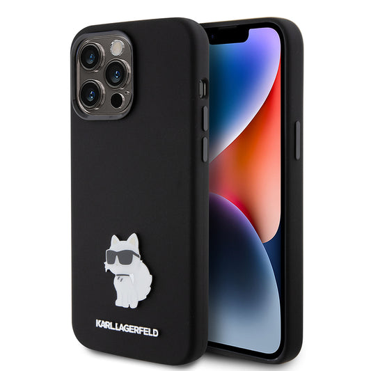 Калъф за Apple iPhone 15 Pro Max, Karl Lagerfeld, Silicone Choupette Metal, Черен