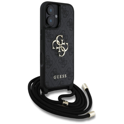 Case for Apple iPhone 16, Guess, 4G CBDY Big Logo with Cord Strap, Black