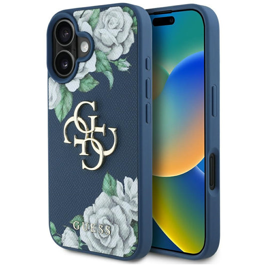 Калъф за Apple iPhone 16, Guess, 4G Grained Roses Big Logo, Син