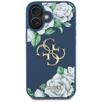 Калъф за Apple iPhone 16, Guess, 4G Grained Roses Big Logo, Син