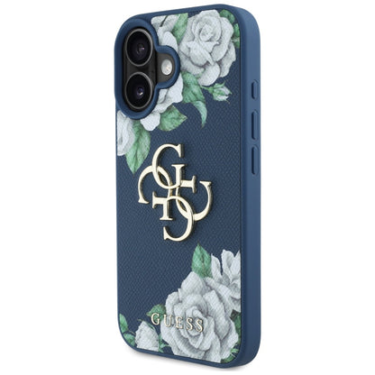 Калъф за Apple iPhone 16, Guess, 4G Grained Roses Big Logo, Син