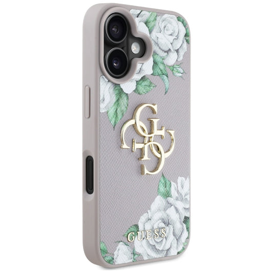 Калъф за Apple iPhone 16, Guess, 4G Grained Roses Big Logo, Лилав