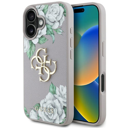 Калъф за Apple iPhone 16, Guess, 4G Grained Roses Big Logo, Лилав