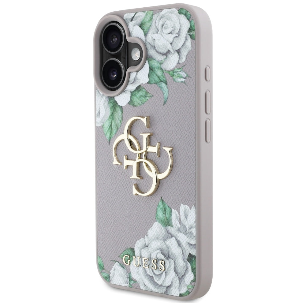 Калъф за Apple iPhone 16, Guess, 4G Grained Roses Big Logo, Лилав