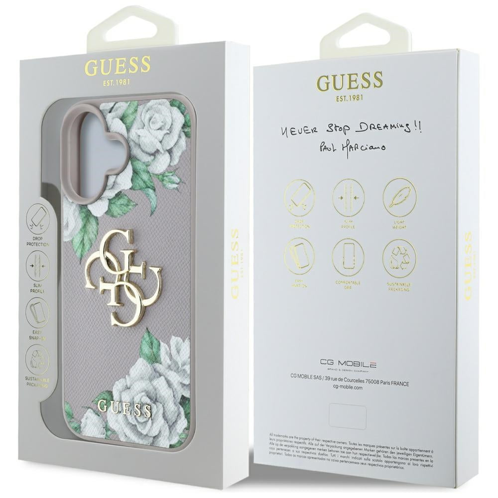Калъф за Apple iPhone 16, Guess, 4G Grained Roses Big Logo, Лилав