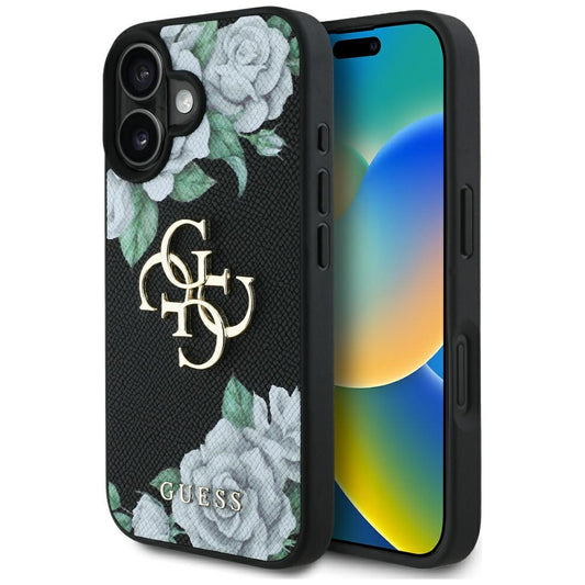 Калъф за Apple iPhone 16, Guess, 4G Grained Roses Big Logo, Черен