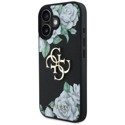 Калъф за Apple iPhone 16, Guess, 4G Grained Roses Big Logo, Черен