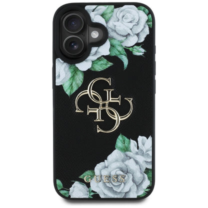 Калъф за Apple iPhone 16, Guess, 4G Grained Roses Big Logo, Черен