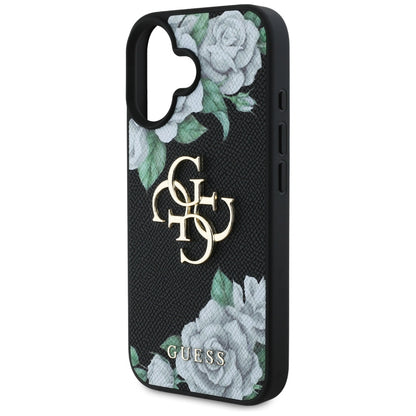 Калъф за Apple iPhone 16, Guess, 4G Grained Roses Big Logo, Черен