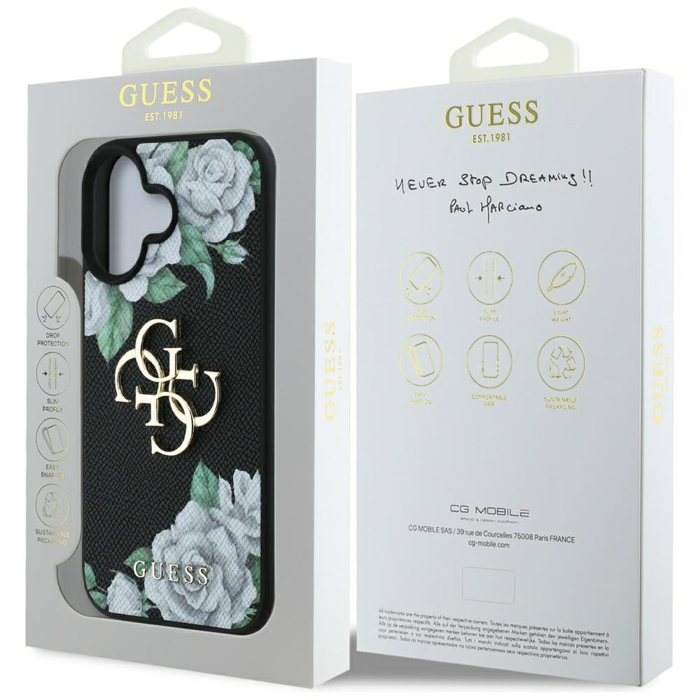 Калъф за Apple iPhone 16, Guess, 4G Grained Roses Big Logo, Черен