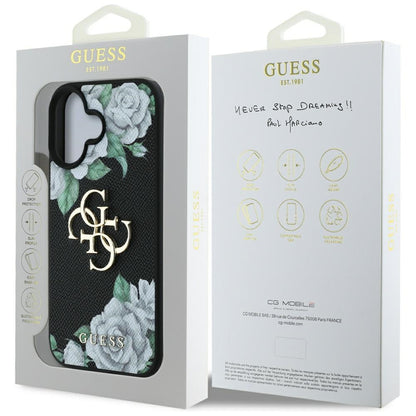 Калъф за Apple iPhone 16, Guess, 4G Grained Roses Big Logo, Черен