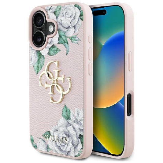 Калъф за Apple iPhone 16, Guess, 4G Grained Roses Big Logo, Розов