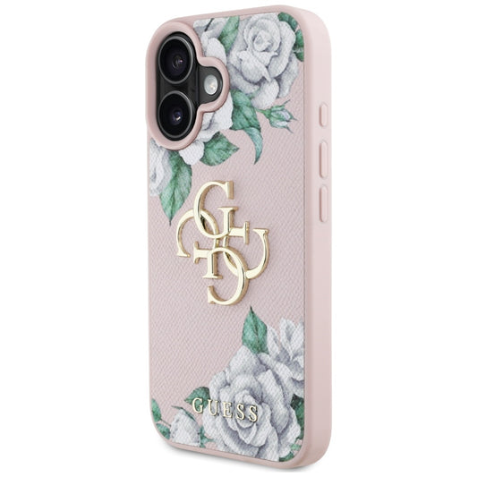 Калъф за Apple iPhone 16, Guess, 4G Grained Roses Big Logo, Розов