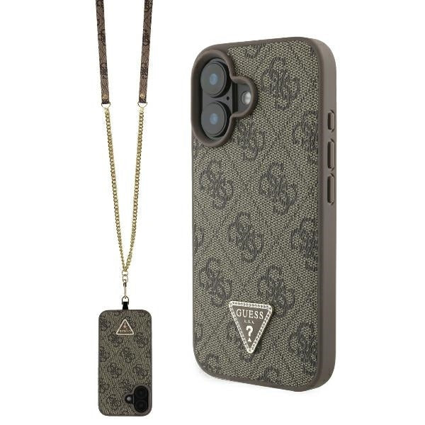 Калъф за Apple iPhone 16, Guess, Crossbody 4G Triangle Strass, Кафяв