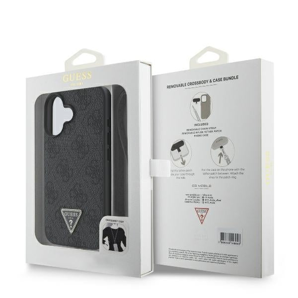 Калъф за Apple iPhone 16, Guess, Crossbody 4G Triangle Strass, Черен