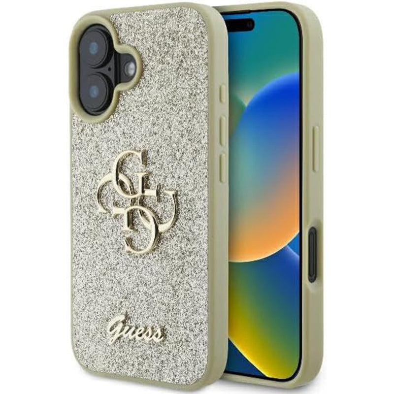 Калъф за Apple iPhone 16, Guess, Fixed Glitter Big 4G, Златист