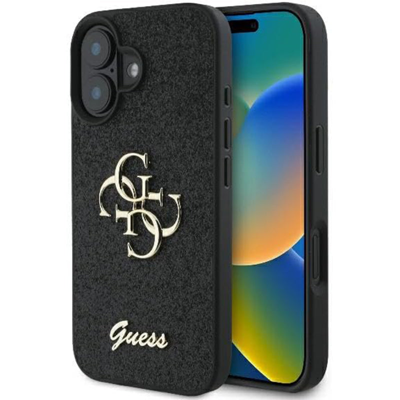 Калъф за Apple iPhone 16, Guess, Fixed Glitter Big 4G, Черен