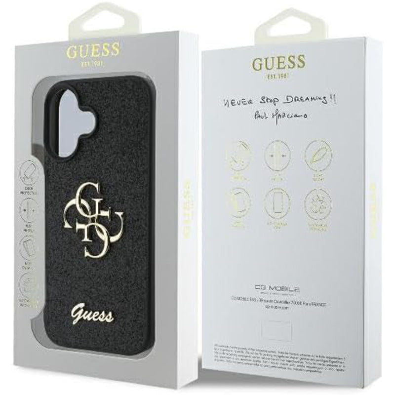 Калъф за Apple iPhone 16, Guess, Fixed Glitter Big 4G, Черен