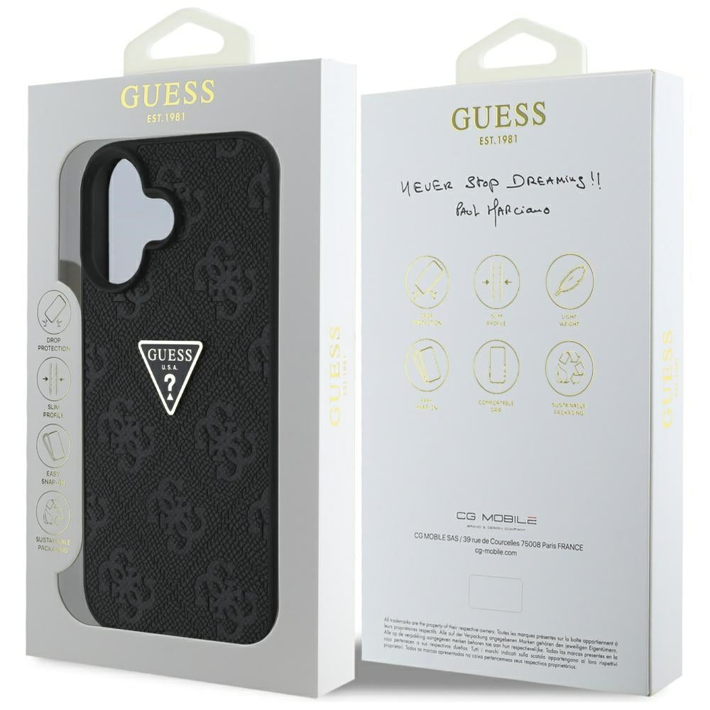 Калъф за Apple iPhone 16, Guess, Hot Stamp 4G Pattern Triangle Logo, Черен