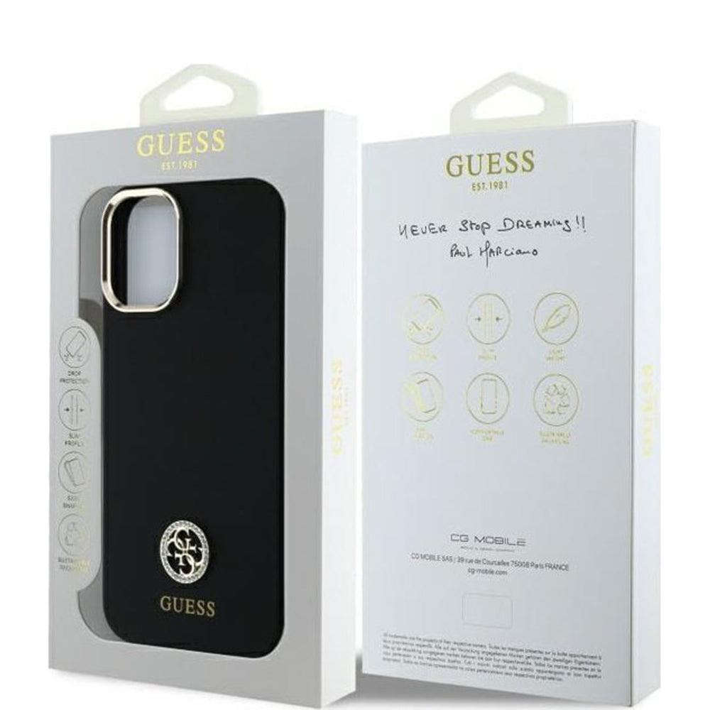 Калъф за Apple iPhone 16, Guess, Logo Strass 4G, Черен